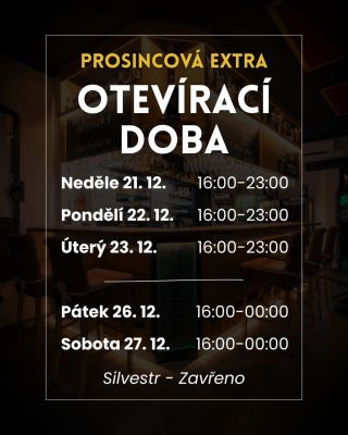 ✨ Prosincová otevírací doba do konce roku ✨ Do Vánoc máme otevřeno každý den 🎄 A pak se na vás těšíme mezi svátky 26.–27....